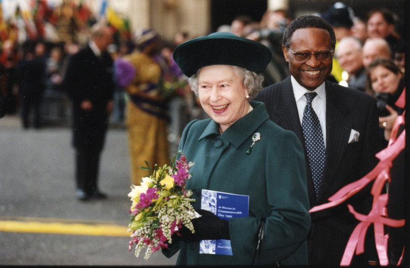 HM Queen Elizabeth II with Commonwealth Secretary-General Emeka Anyaoku, leaving Westminster Abbey, London after the annual Commonwealth Day observance. 1999 Source: Commonwealth Secretariat 