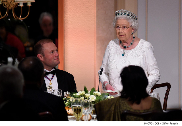 HM Queen Elizabeth II speaks during banquet at 2015 CHOGM, with Prime Minister of Malta Joseph Musca. CHOGM Malta 2015 photo byClifton Fenech